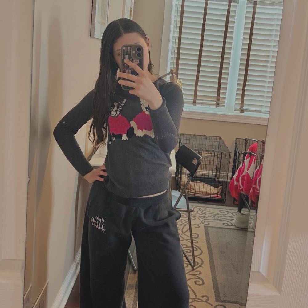 J. Crew Gray Sweater with Red and White Design